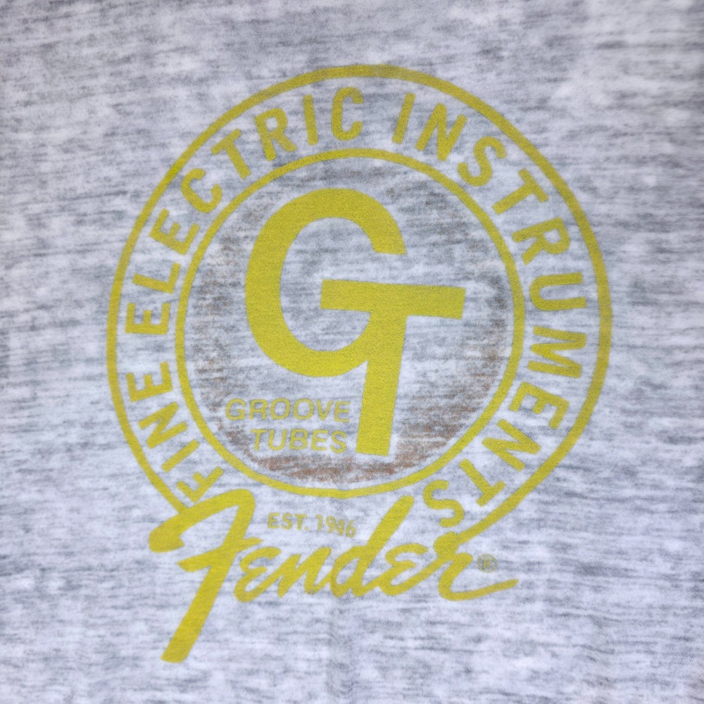 Lucky Brand Fender Groove Tubes Burnout Graphic T-Shirt Mens XL Grey Yellow